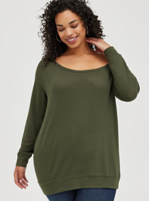 Plus Size - Off Shoulder Sweatshirt - Waffle Olive - Torrid
