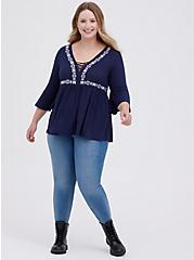 Plus Size Lace Up Babydoll Top - Navy, PEACOAT, alternate