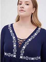 Plus Size Lace Up Babydoll Top - Navy, PEACOAT, alternate