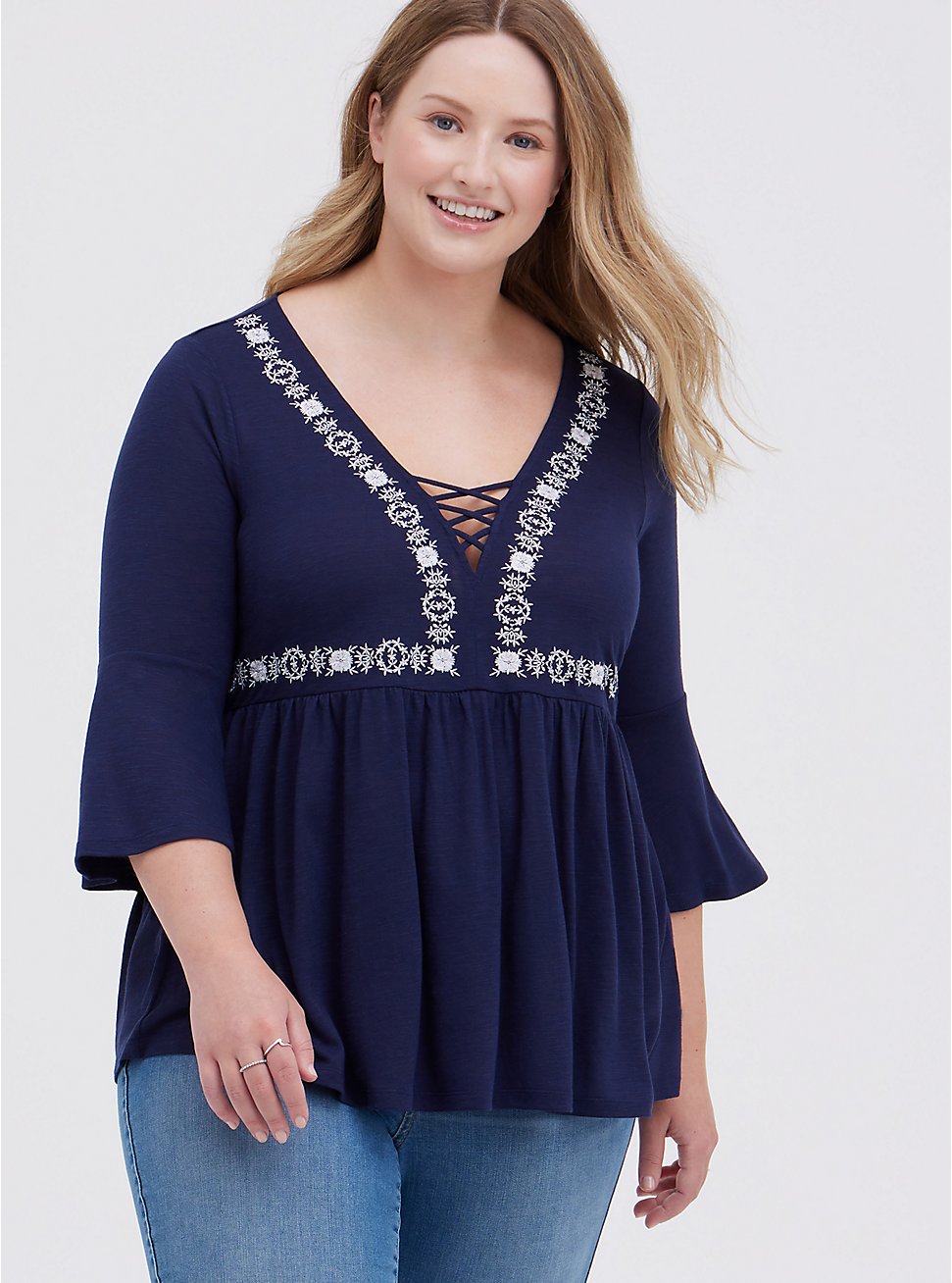 Plus Size Lace Up Babydoll Top - Navy, PEACOAT, hi-res