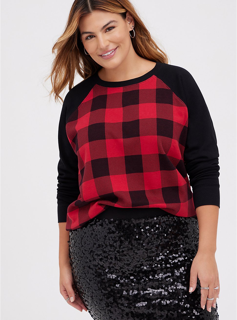 Plus Size Raglan Sweatshirt - Cozy Fleece Plaid Red, MULTI, hi-res