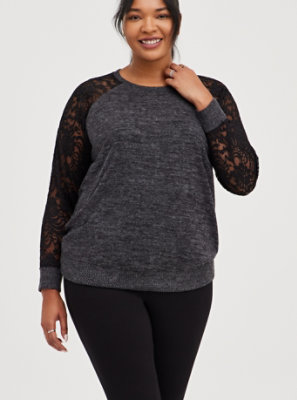 Plus Size - Lace Sleeve Sweatshirt - Soft Plush Black - Torrid