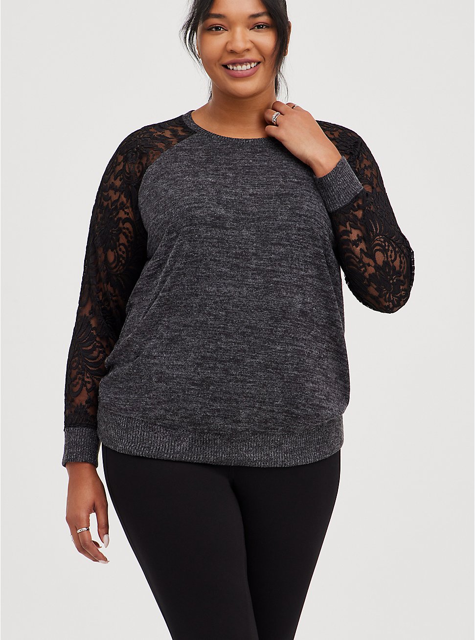 Lace Sleeve Raglan Sweatshirt - Super Soft Plush Black, DEEP BLACK, hi-res
