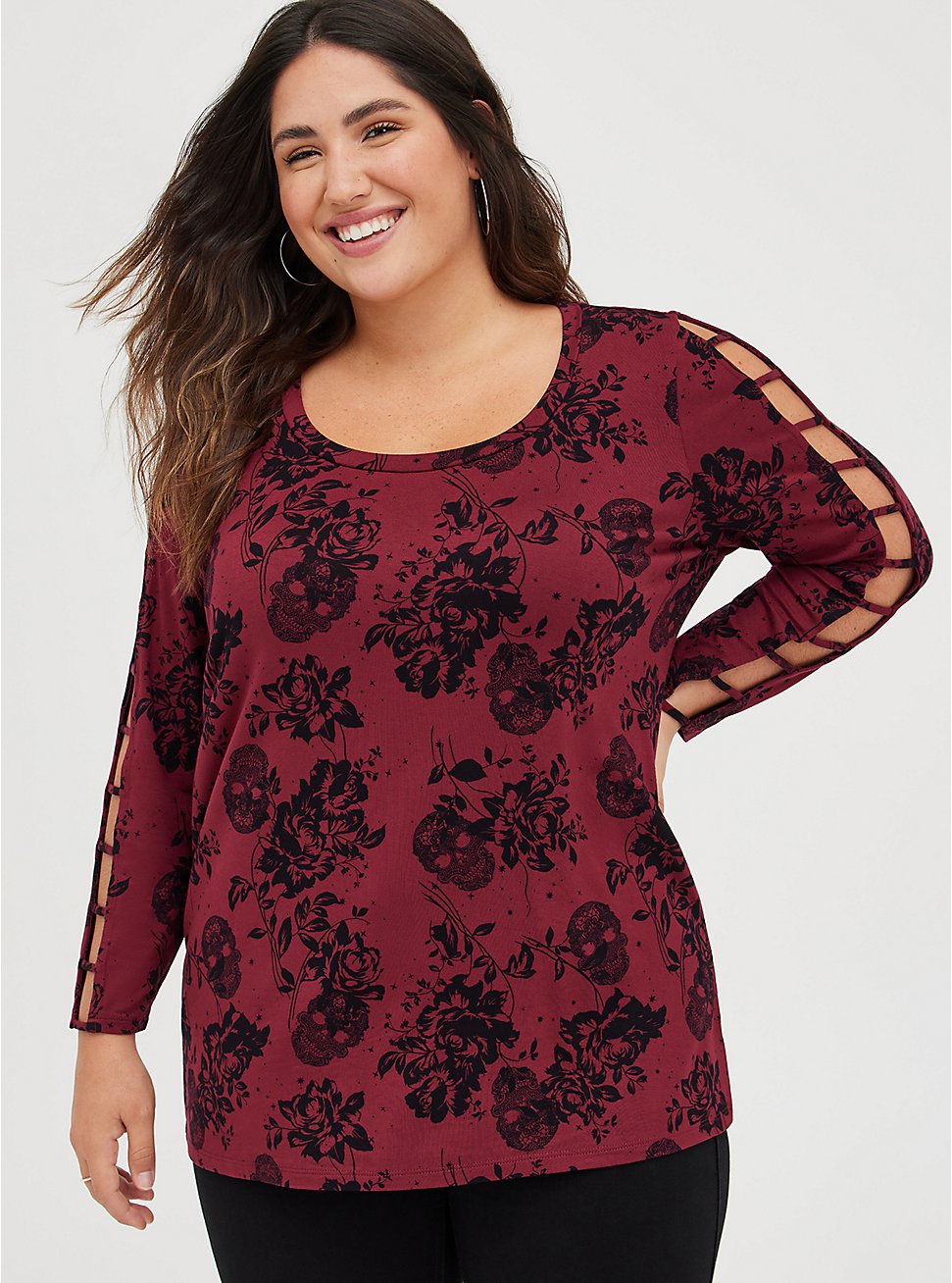 Plus Size Strappy Sleeve Top - Super Soft Floral Wine , OTHER PRINTS, hi-res