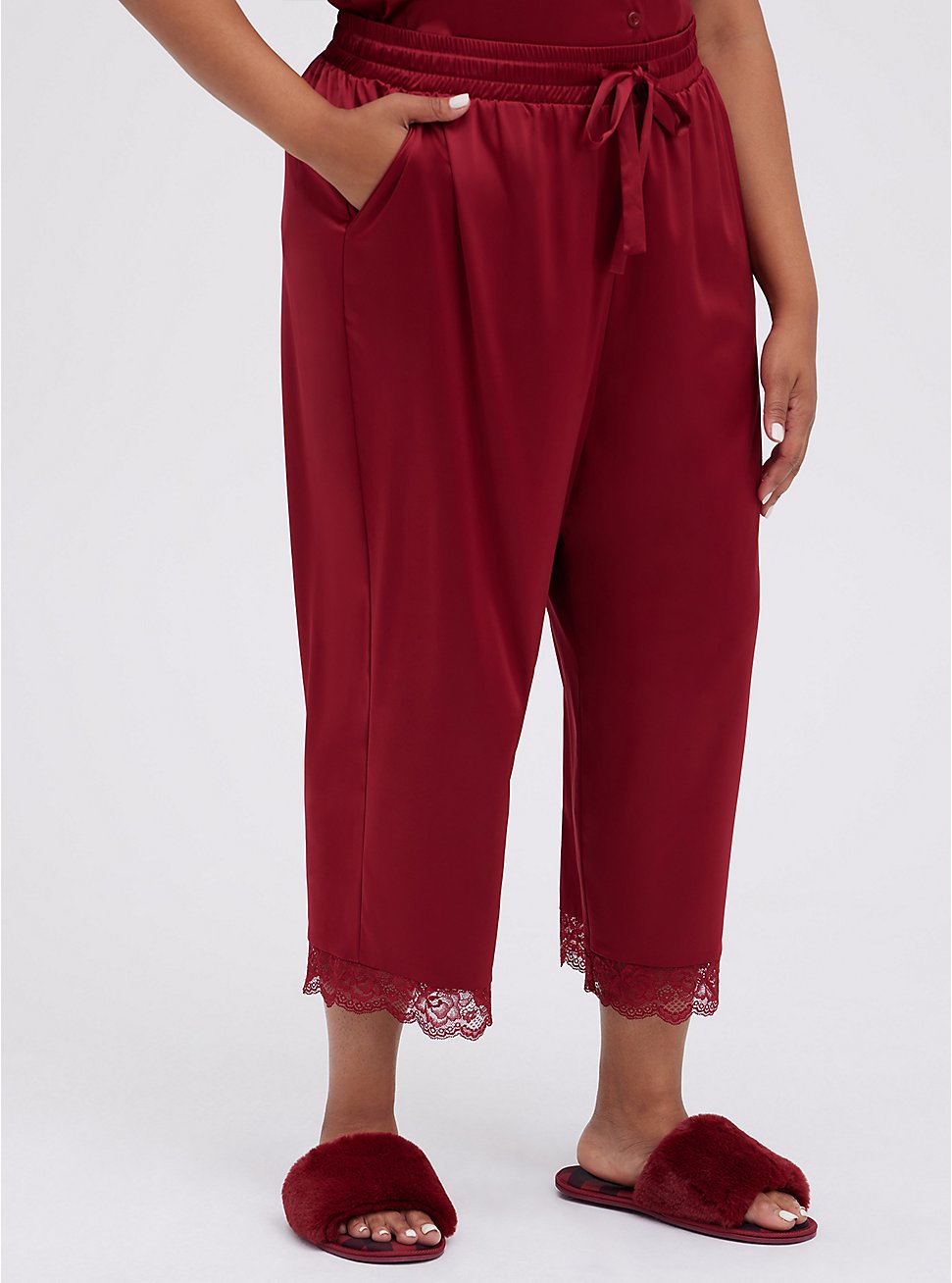 Plus Size Sleep Pant - Dream Satin & Lace Crop Red, RED, hi-res