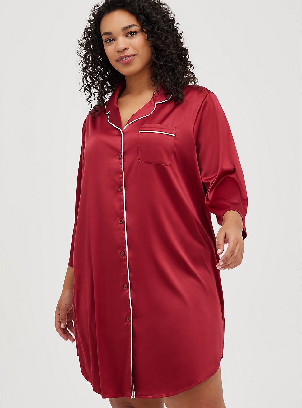 Button Up Sleep Dress - Dream Satin Red, RED, hi-res
