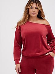Velour Long Sleeve Off-Shoulder Lounge Sweatshirt, RED, hi-res