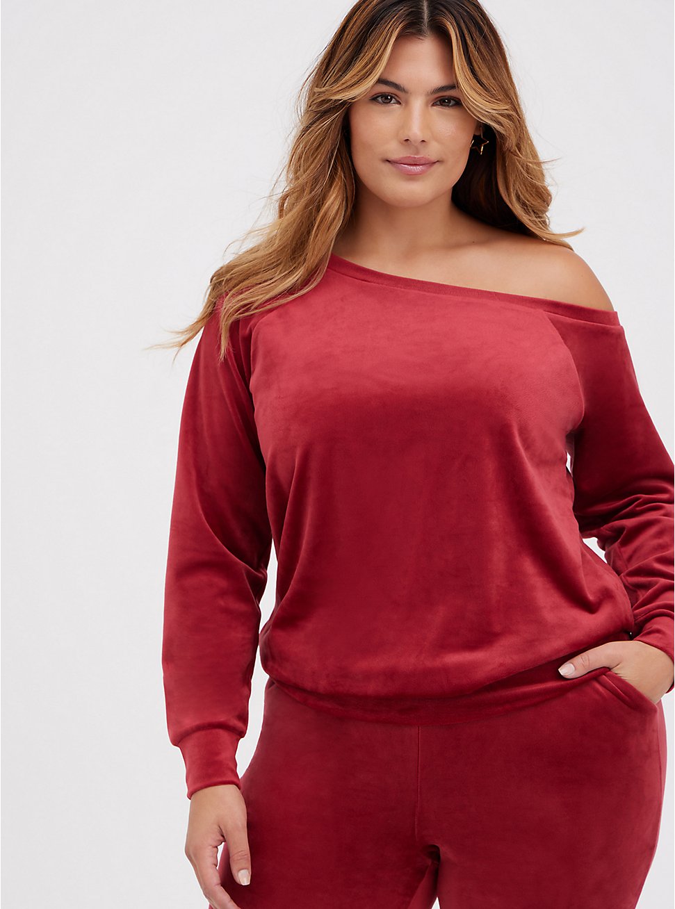 Velour Long Sleeve Off-Shoulder Lounge Sweatshirt, RED, hi-res