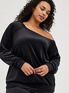 Plus Size Off Shoulder Sleep Sweatshirt - Velour Black, , hi-res
