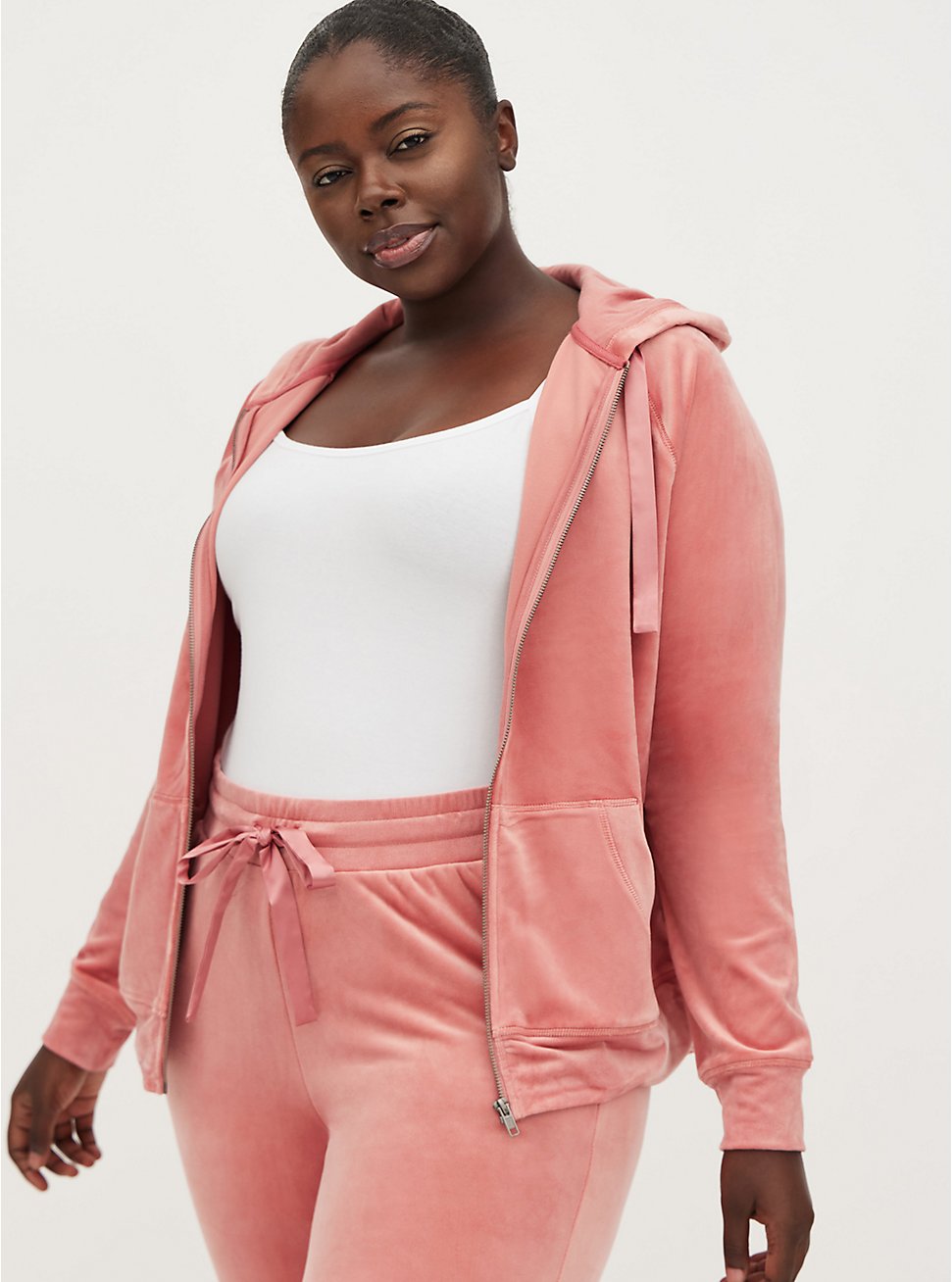 Plus Size Zip Front Sleep Hoodie - Velour Pink, PINK, hi-res