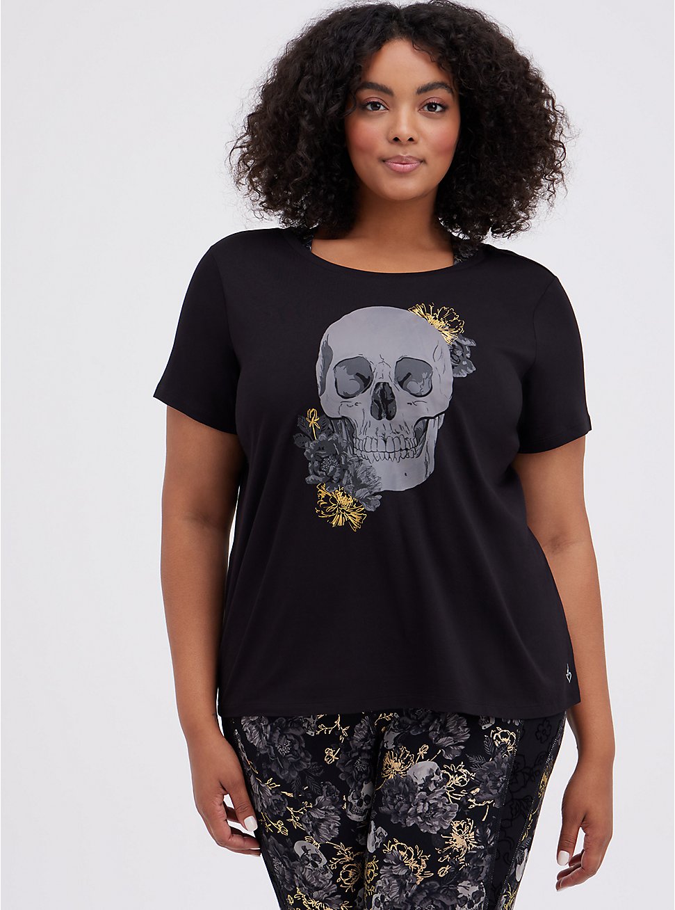 Plus Size Wicking Active Tee - Performance Cotton Skull Floral Black, DEEP BLACK, hi-res