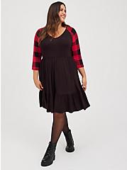 Plus Size Raglan Skater Mini Dress - Super Soft Plaid Black, PLAID - MULTI, alternate