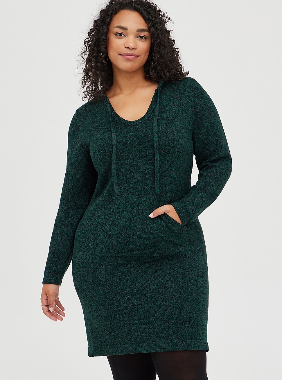 Plus Size Sweater Hoodie Mini Dress - Green, BOTANICAL GARDEN, hi-res