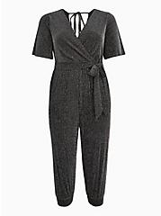 Plus Size Surplice Jumpsuit - Glitter Black & Silver, SILVER  BLACK, hi-res