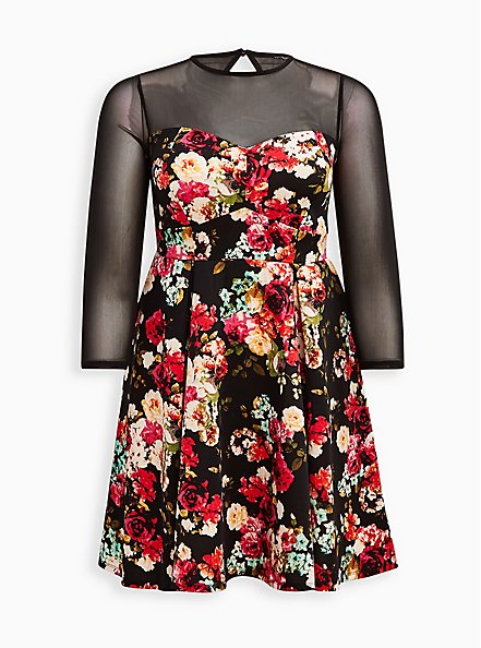 Fit & Flare Scuba Mini Dress - Floral Scuba Fit Black, FLORAL - BLACK, hi-res