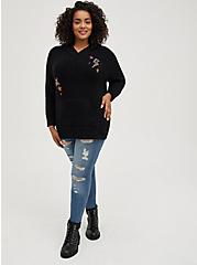 Plus Size Raglan Hoodie Sweater - Embroidered Star Black, DEEP BLACK, alternate