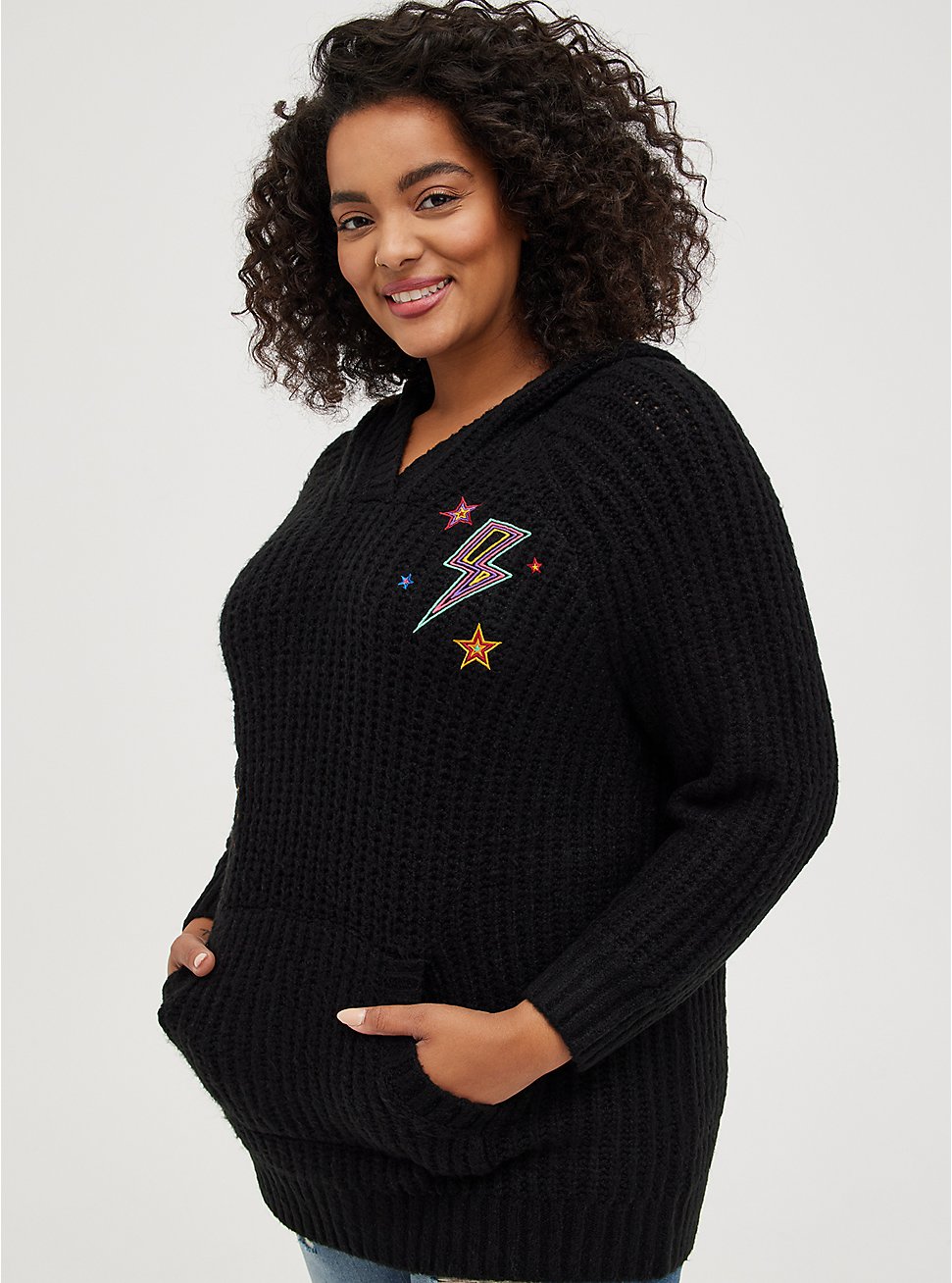 Plus Size Raglan Hoodie Sweater - Embroidered Star Black, DEEP BLACK, hi-res