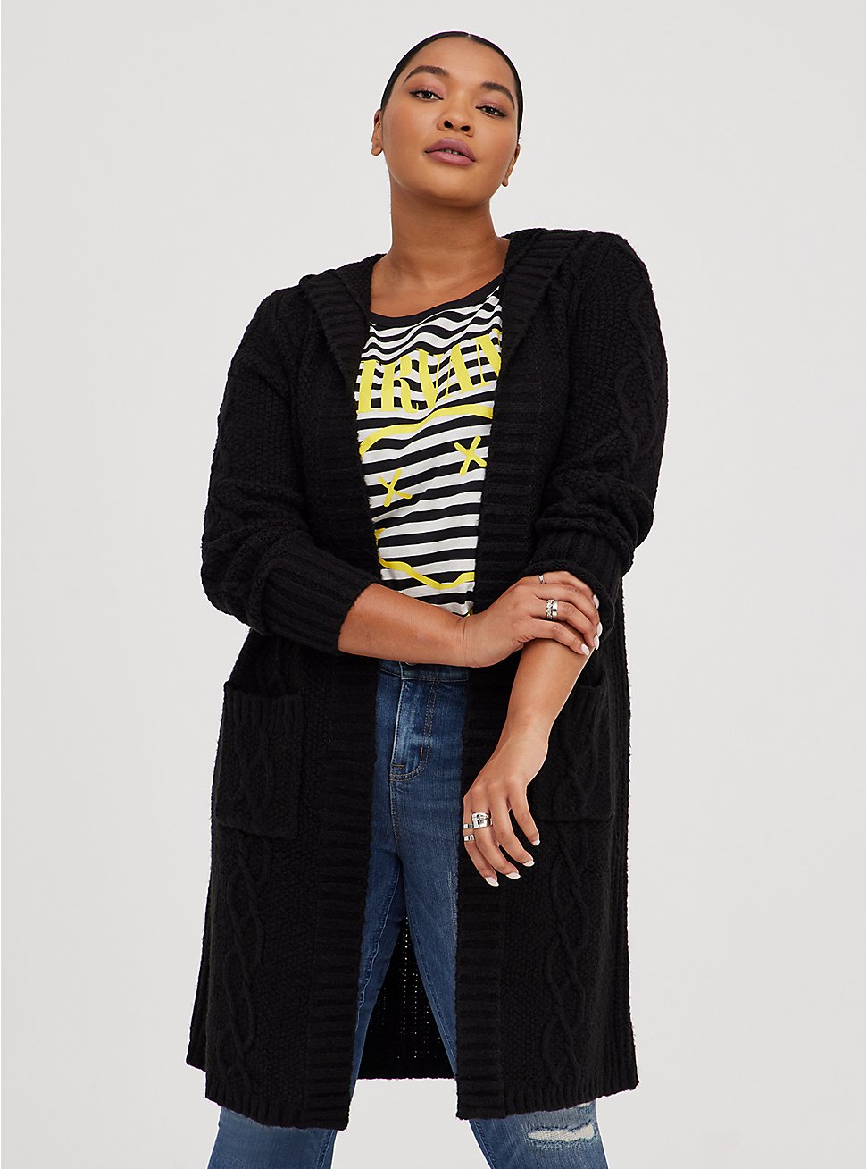 Plus Size Cable Hooded Duster Cardigan - Black, DEEP BLACK, hi-res