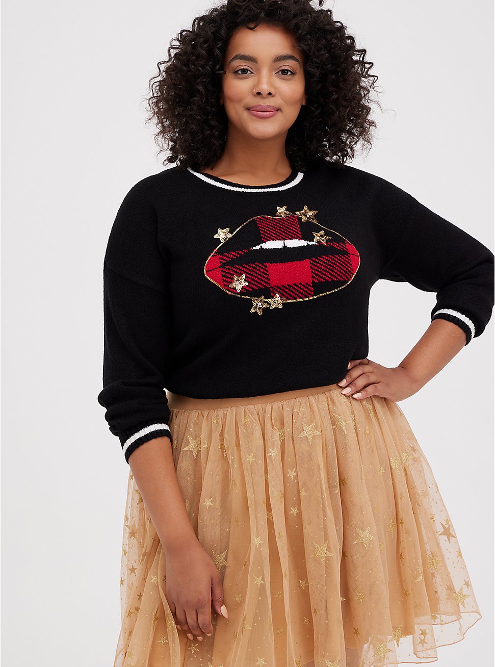 Plus Size Crew Pullover Sweater - Star Lips Black, DEEP BLACK, hi-res