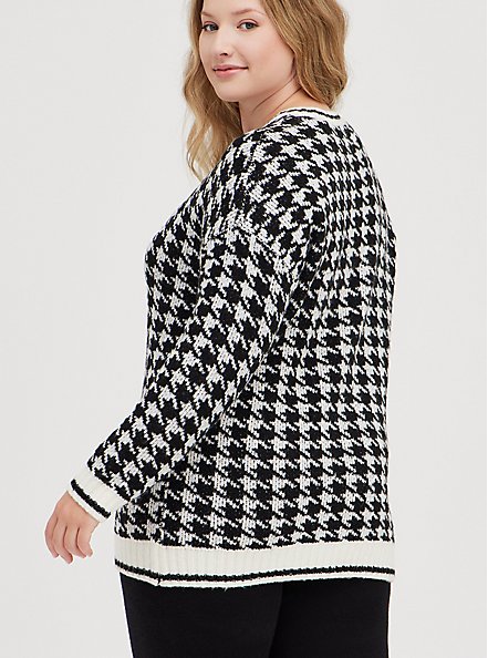 Plus Size Crew Pullover Sweater - Houndstooth Black & White, MULTI, alternate