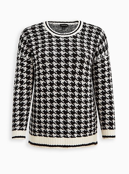 Plus Size Crew Pullover Sweater - Houndstooth Black & White, MULTI, hi-res