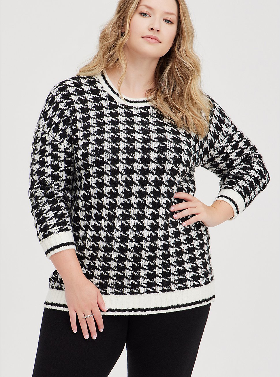 Crew Pullover Sweater - Houndstooth Black & White, MULTI, hi-res