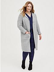 Plus Size Cable Hooded Duster Cardigan - Grey, GREY, alternate