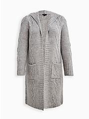 Plus Size Cable Hooded Duster Cardigan - Grey, GREY, hi-res