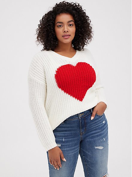 Plus Size Slouch Tunic Sweater - Heart Ivory, MARSHMALLOW, hi-res