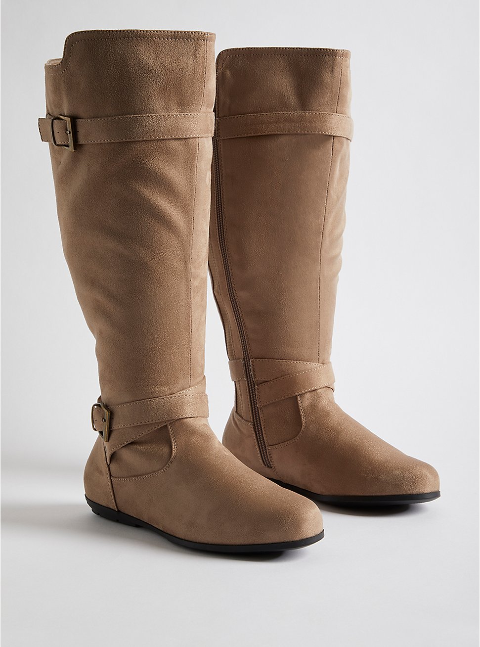 Plus Size Double Buckle Knee Boot - Taupe Faux Suede (WW) , TAUPE, hi-res