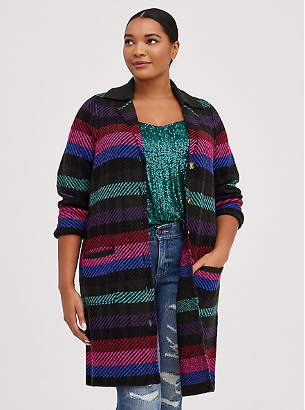 Notched Collar Cardigan Sweater - Plaid Multi, MULTI, hi-res