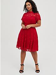 Mock Neck Fit & Flare Mini Dress - Lace Red, JESTER RED, alternate