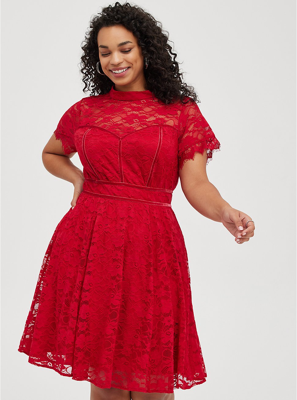 Plus Size Mock Neck Fit & Flare Mini Dress - Lace Red, JESTER RED, hi-res