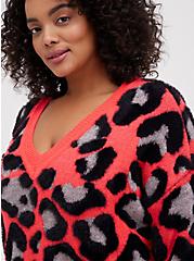 Plus Size Slouchy Tunic Pullover Sweater - Leopard Print Coral , MULTI, alternate