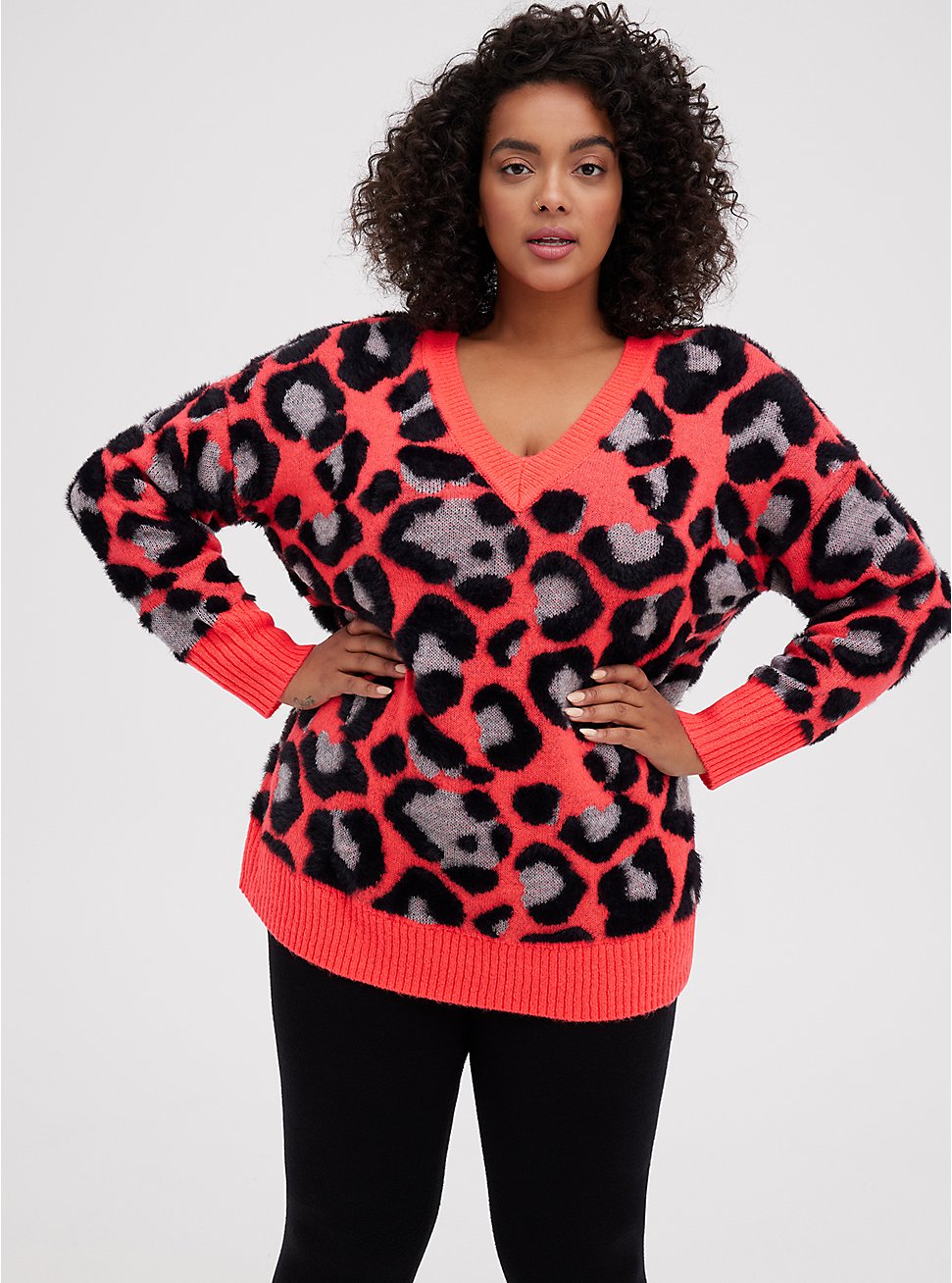 Plus Size Slouchy Tunic Pullover Sweater - Leopard Print Coral , MULTI, hi-res