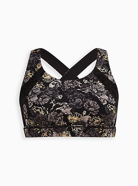 Active Wicking Sports Bra - Performance Core & Lace Floral Skull Black , FLORALS-BLACK, hi-res