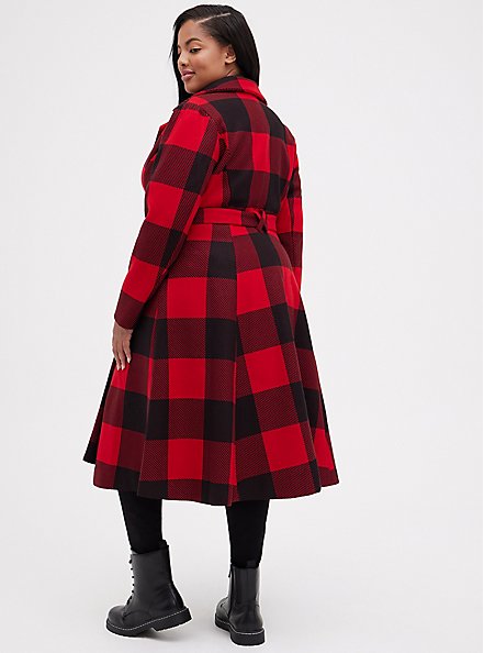 Self-Tie Fit & Flare Longline Coat - Plaid Stretch Woven Red, OTHER PRINTS, alternate