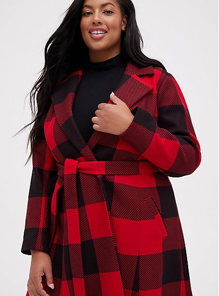 Self-Tie Fit & Flare Longline Coat - Plaid Stretch Woven Red, OTHER PRINTS, alternate