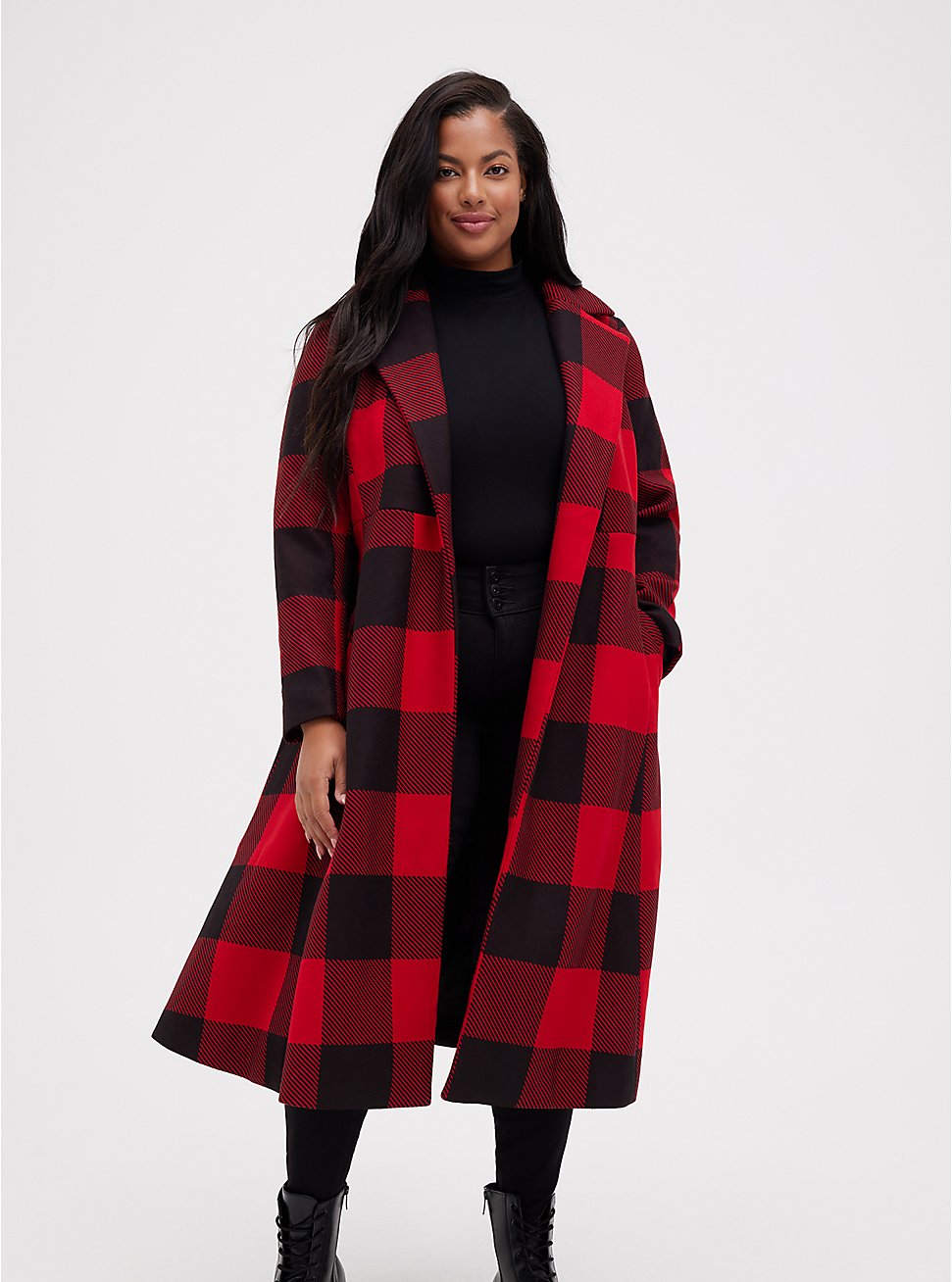 Self-Tie Fit & Flare Longline Coat - Plaid Stretch Woven Red, OTHER PRINTS, hi-res