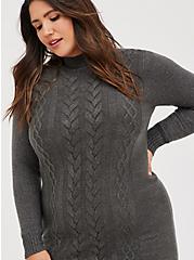 Plus Size Mock Neck Mini Dress - Lurex Cable Knit Grey, GREY, alternate