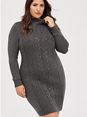 Plus Size Mock Neck Mini Dress - Lurex Cable Knit Grey, GREY, hi-res