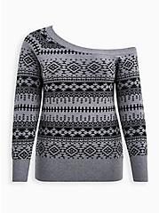 Plus Size Off Shoulder Sweater - Geo Grey, GREY, hi-res