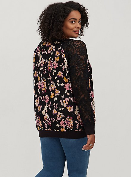 Plus Size Raglan Sweatshirt - Super Soft Plush Floral Black, OTHER PRINTS, alternate