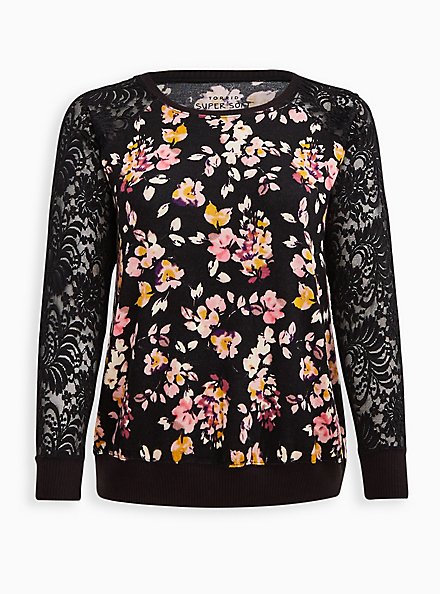 Raglan Sweatshirt - Super Soft Plush Floral Black, OTHER PRINTS, hi-res