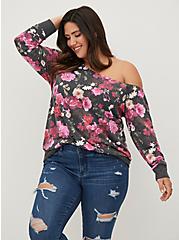 Plus Size Off-Shoulder Lt Weight French Terry Sweatshirt, BLACK FLORAL, hi-res