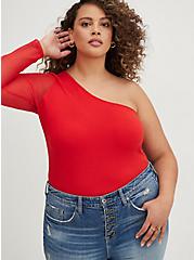 One-Shoulder Top - Foxy & Mesh Red , RED, hi-res