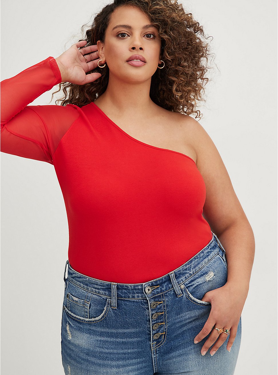 Plus Size One-Shoulder Top - Foxy & Mesh Red , RED, hi-res