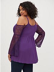 Plus Size Cold Shoulder Babydoll Top - Super Soft Lace Purple, PURPLE, alternate