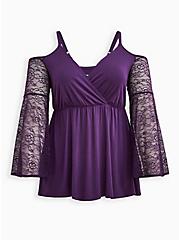 Plus Size Cold Shoulder Babydoll Top - Super Soft Lace Purple, PURPLE, hi-res