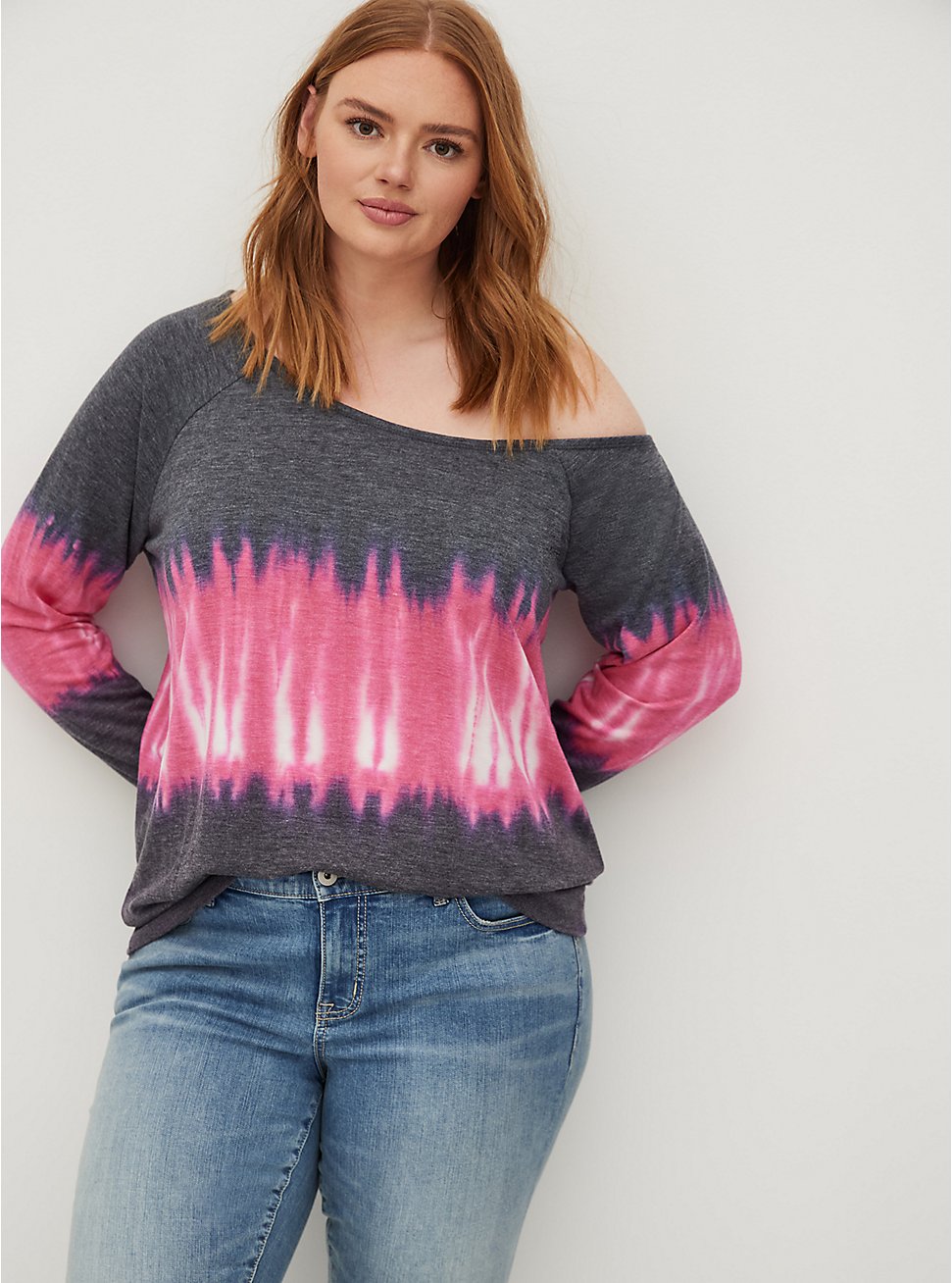 Plus Size Off Shoulder Sweatshirt - Lightweight French Terry Tie Dye Navy & Pink, OTHER PRINTS, hi-res